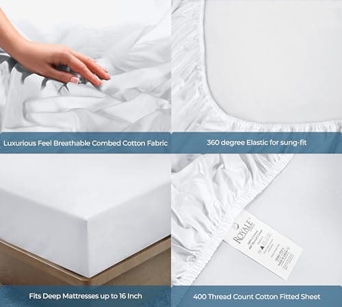 Royale Linens 400 Thread Count 100% American Grown Cotton Fitted Sheet King Size - All Around Elastic Fitted Sheet - Luxury Sateen Weave - Snug Fit Bottom Sheet Fit Up to 16" (King, Signature White) 5