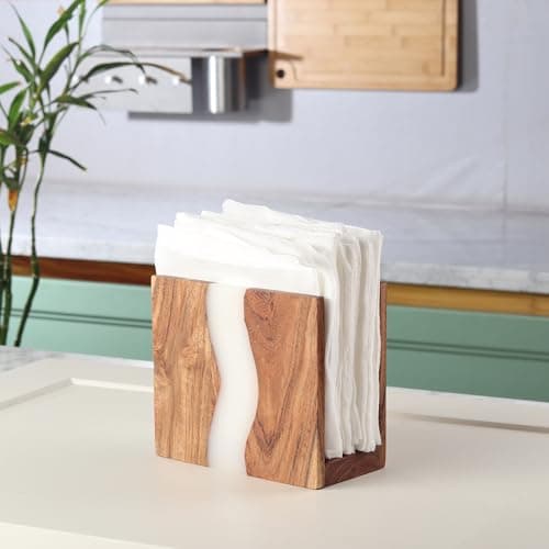 LAVAUK Acacia wood & Transparent Epoxy resin Napkin holder for table, Rustic farmhouse napkin organisation for kitchen, dining, counter tops, restaurant or outdoors | 6x5x2.5 inches|(Cloudy White) 6