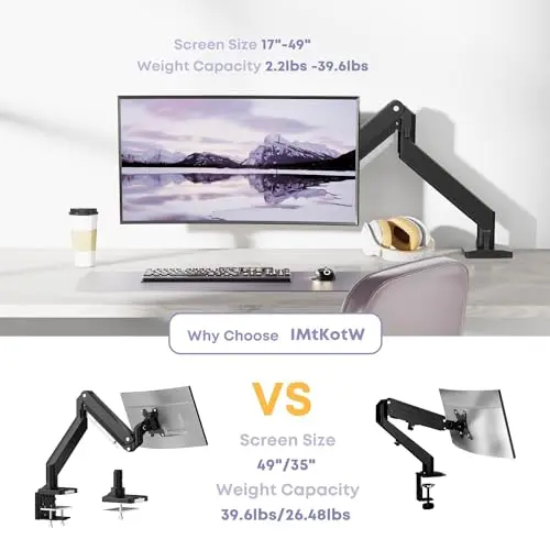 Heavy Duty Monitor Arm for Ultrawide Screens up to 49 inch and 39.6lbs, Premium Aluminum Single Desk Mount Stand with Gas Spring, VESA 75x75/100x100 4