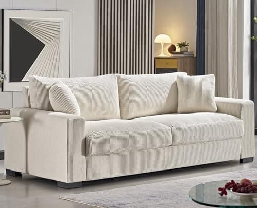 Container Furniture Direct Luxe Corduroy Sofa with 2 Toss Pillows, Spacious and Comfortable 3 Seater Couch for Modern Living Room, Ideal for Entertainment and Cozy Moments, 89" Wide, Beige