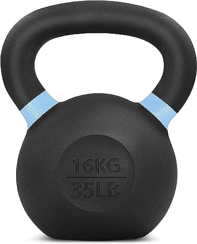 Yes4All Powder Coated Kettlebell, 35 lb Cast Iron Core Kettlebells with Non-Slip Handle & Flat Bottom for Conditioning, Heavy Duty for Strength Training - Single, Light Blue