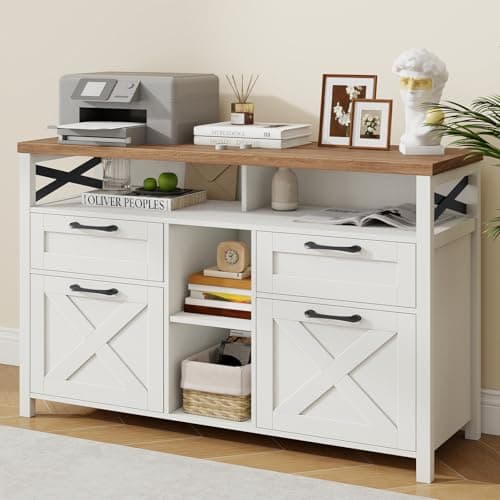 Farmhouse Filing Cabinet with Adjustable Shelf for Home Office, Lateral File Cabinets 4 Drawer with Open Storage Shelf, Filing Organization Storage Cabinets for Hanging Files Letter/Legal/F4/A4.