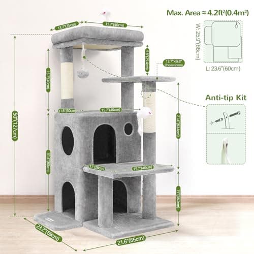 Globlazer Cat Tree Tower for Indoor Cats, 50-inch Adult Cat Tree House for Large Adult Cats with Steps, Scratching Post, 2 Cat Caves, Dangling Toys, FC50, Light Grey 6