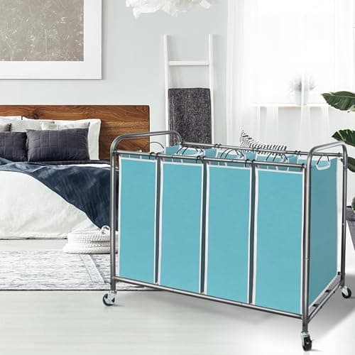 STORAGE MANIAC Laundry Sorter 4 Section, 47.8 Gal (181 L) Laundry Hamper with Wheels, Clothes Divider Basket Sorter, Clothes Separator Hamper Cart with Wheels and Removable Bags, Blue 7