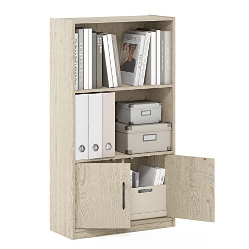 Furinno Gruen 3-Tier Open Shelf Bookcase with 2 Doors Storage Cabinet, Metropolitan Pine