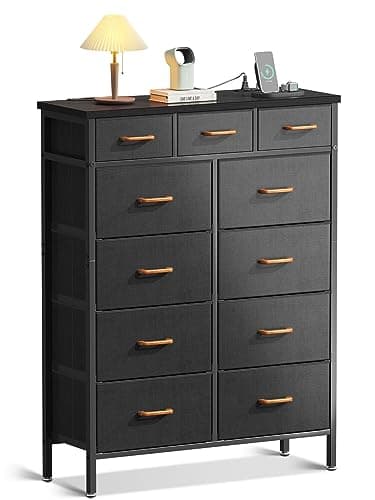 AODK Dresser with Charging Station, 52 Inches Tall Dresser for Bedroom with 11 Storage Drawers, Large Fabric Dressers for Hallway, Dark Grey