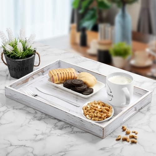 17 Inch Rustic White Serving Tray with Handles - Large Wooden Tray for Ottoman, Breakfast in Bed, Dinner, Coffee Table - Decorative Rectangular Tray for Living Room Bedroom Entryway and Kitchen Decor 3