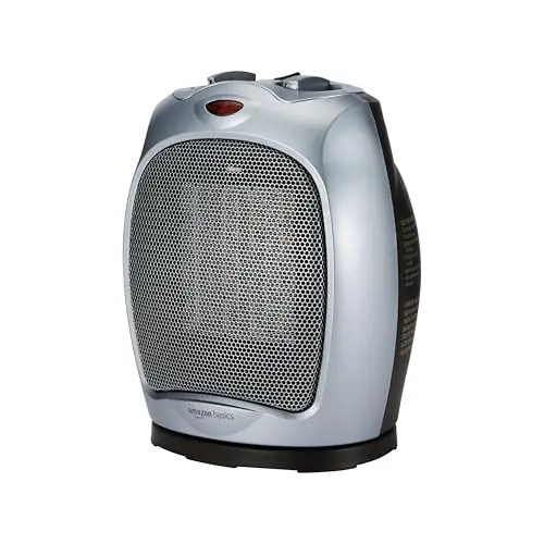 Amazon Basics Oscillating Ceramic Portable Indoor Space Heater, Fast Heating Technology, Overheat and Tip-Over Protection, Adjustable Thermostat, 1500W, 7.52"D x 6.34"W x 9.45"H, Silver