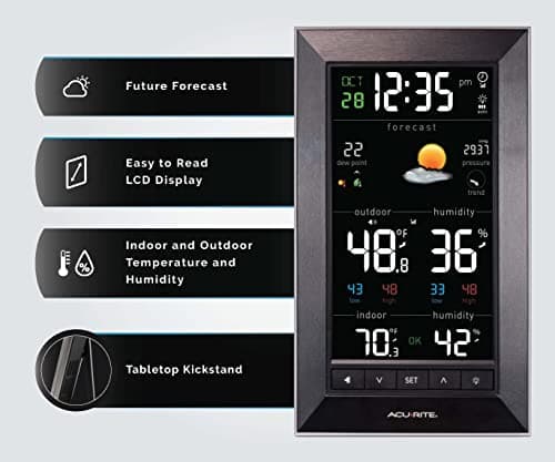 AcuRite Digital Vertical Weather Forecaster with Indoor/Outdoor Temperature, Humidity, and Date and Time (01121M) , BLACK 5