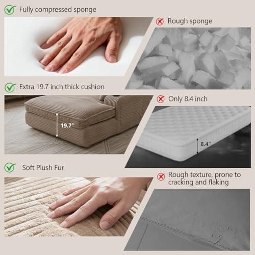 67" Oversized Chaise Lounge Chair Indoor, Soft Boneless Cloud Couch with 3 Pillows, 4 Side Pockets and 2 Cup Holders, Comfy Corduroy Sleeper Couch for Living Room Bedroom 8