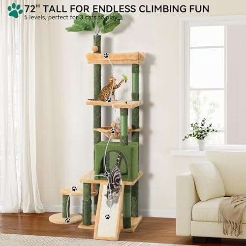 YITAHOME Tall Cat Tree Tower with Leaves for Indoor Cats, 72.8in Cute Cat Climbing Tower with Self-Grooming Brush, Cat Condo, Top Perch, Basktet, Sisal Scratching Posts and Board, Dangling Ball 5