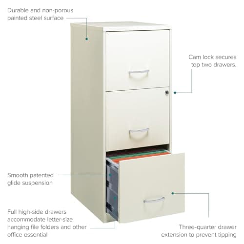 Space Solutions - 3 Drawer Fully Assembled Vertical Steel File Cabinet, Home & Small Office Use, Letter-Size, Locking, Pearl White 5