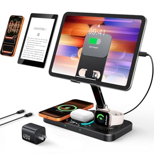 45W 6 in 1 Charging Station for Apple Multiple Devices with Clock & Light, 20W Fast Foldable Wired Charging Stand for iPad/Tab, Wireless Charger Design for MagSafe Charger for iPhone 17/iWatch/Airpods