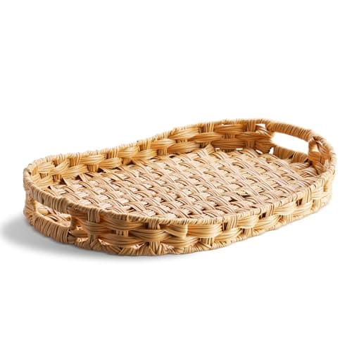 NiHome Synthetic Wicker Serving Tray with Handles,Decorative Ottoman Tray for Breakfast, Coffee Table, Living Room, Bathroom - Metal Frame Handwoven Synthetic Rattan (Oval, 16.5" x 12.2")