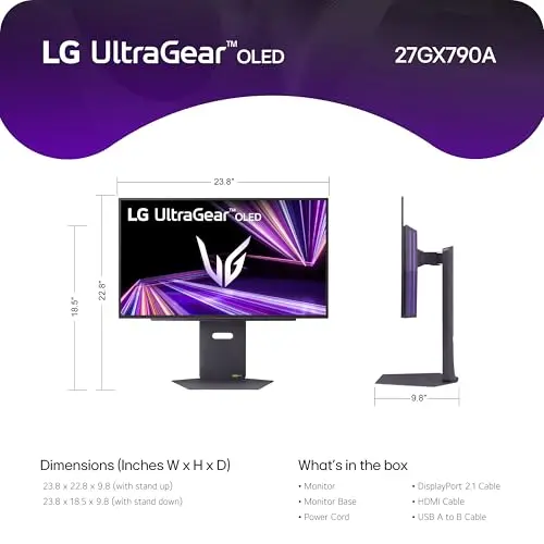 LG 27GX790A-B 27-inch Ultragear OLED Gaming Monitor QHD 1440p 480Hz, 0.03ms, DisplayPort 2.1, True Black 400, NVIDIA G-Sync, AMD FreeSync Premium Pro, HDMI, USB, Tilt/Height/Swivel/Pivot Stand, Black 15