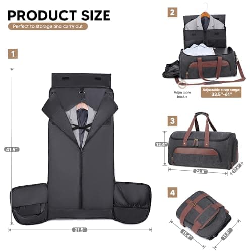 Vessgra Convertible Garment Bag for Travel, Carry on Garment Duffle Bags for Travel, Canvas Garment Duffle Bag for Men Women with Shoe Compartment - 2 in 1 Hanging Suitcase Suit Travel Bags-Black 5