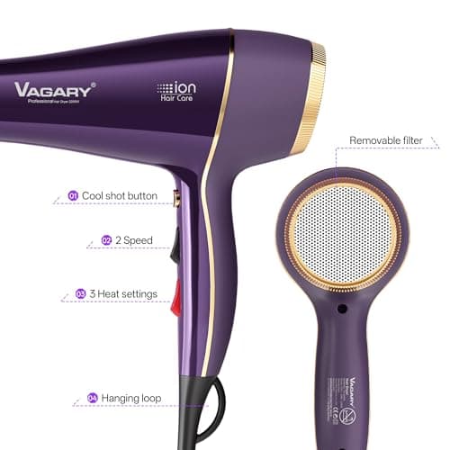 VAGARY 6690A Salon Pro Hair Dryer for Women,2200w Powerful AC Motor Fast Drying, Ionic Blow Dryer for Thick Hair,2 Speeds and 2 Heat Settings 1 Cool Shot Button(1 Diffuser and 1Concentrator) 5