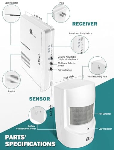 1byone Driveway Alarm, Home Security Alert System with 36 Melodies, 1 Plug-in Receiver and 2 Weatherproof PIR Motion Detector, 1000ft Wireless Transmission Range and 24ft PIR Detection Range 6