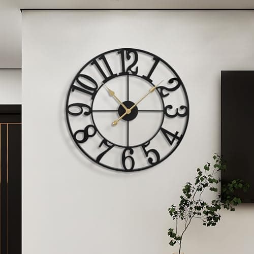 LEIKE Large Wall Clocks,Silent,Non Ticking,Battery Operated Rustic Round Modern Big Metal Wall Clock for Living Room, Bedroom,Kitchen,Farmhouse,Office,Home Decor-16 Inch(Black-Arabic Number) 5