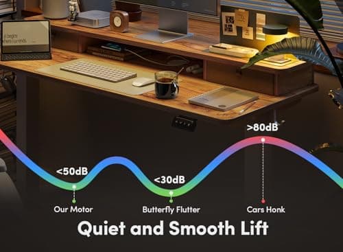 FEZIBO 55'' x 24'' Height Adjustable Electric Standing Desk with Double Drawer, Home Office Stand Up Table with 4 Height-Adjustable Feets & 2 Hooks, Light Rustic 8
