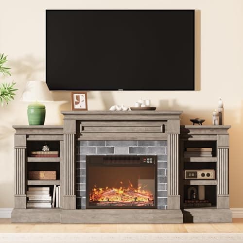 IDEALHOUSE 71 Inch Electric Fireplace with Matal, Fireplace TV Stand for TV Up to 80", Entertainment Center with Storage, Realistic Stacked Stone Surround with Remote Control and 3D Flame, Gray 7