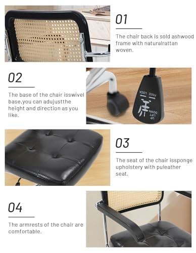 Murago Mid Century Modern Rattan Desk Chair, Vintage Rattan Office Chair, 360° Swivel, Height and Tilt Adjustment, Black Leather，with Armrests 6