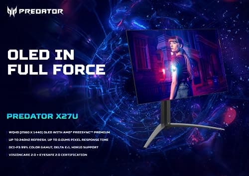 acer Predator X27U | 27" WQHD 2560 x 1440 OLED Gaming Monitor | AMD FreeSync Premium | Up to 240Hz | Up to 0.01ms | 1000nits@HDR 3% | DCI-P3 99% | Delta E<1 | USB Type-C, DP 1.4 & 2 x HDMI 2.0 2
