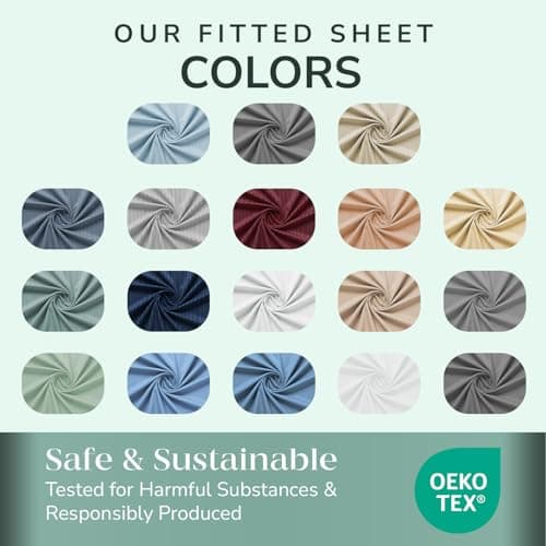 Feather & Stitch 1 Piece Fitted Sheet Queen Size, 100% Cotton Damask Sateen Weave, Striped Breathable, Stretchable Elastic Sheet for Mattress 18 inch Deep Pocket, 500TC Premium Ultra Soft - Blue 7