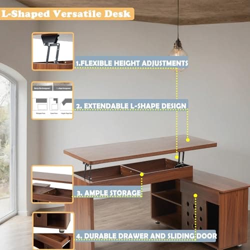 espidoo 55.1" L-Shaped Adjustable Desk: Mid-Century Modern Home Office Desk with Storage Drawers & Cabinet - Walnut MDF & Metal Workstation for Small Spaces & Apartments 5