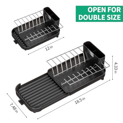 Small Dish Drying Rack - Expandable Compact Dish Drainer (12"-18.5") , Narrow Dish Rack for Kitchen Counter with Cutlery Holder, Space Saving Plate Rack, Dishes Holder Tray for Sink Countertop, Black 7