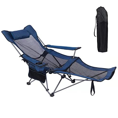 KEFOMOL Camping Lounge Chair, Portable Reclining Camping Chair, Folding Camping Chair with Footrest, Headrest & Storage Bag, Mesh Recliner with Backpack, 330lbs Weight Capacity (Blue)