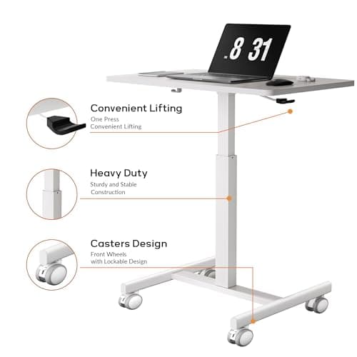 CROWNFURN Mobile Small Standing Rolling Desk Adjustable Height, Portable Laptop Desk on Wheels, Workstation for Home Office with Hook,White 7
