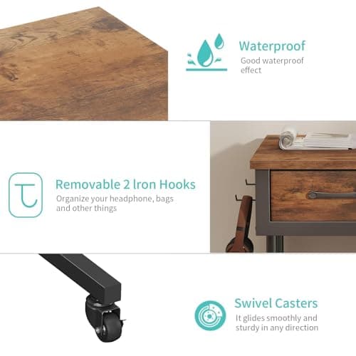 WINAZ Rolling Standing Desk Adjustable Height with Drawers on Wheels, 40 Inch Portable Mobile Stand Up Computer Desks for Bedroom Home Office, Couch Sofa Side Laptop Table with Storage, Rustic Brown 9