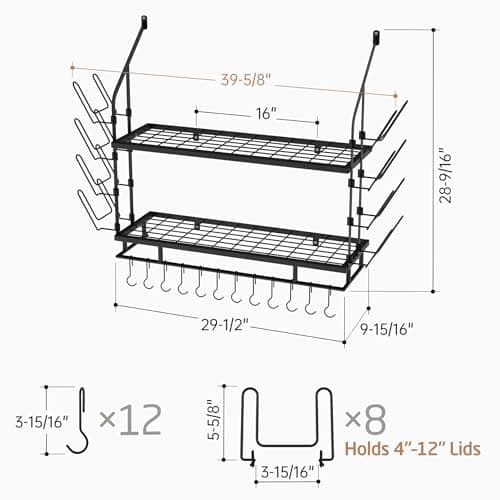 KES 30-Inch Pot Rack Wall Mounted with 8 Secure Lid Holders & 12 Sturdy Hooks, 2-Tier Kitchen Hanging Pot and Pan Organizer, Ample Storage for Tall Cookware, KUR215S75C-BK 6