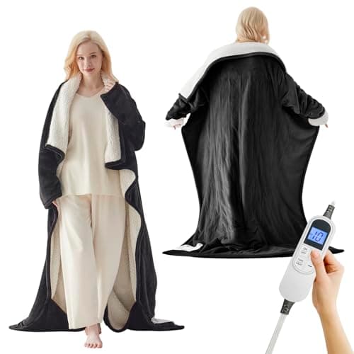 Richtry Electric Blanket Wearable with Foot Pockets & Sleeves, Electric Heated Snuggle Blanket, Flannel & Sherpa Heating Throw with 10 Heat Settings, 1-12 Hours Auto Shut-Off, 50"×70", Black