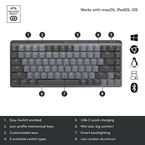 Logitech MX Mechanical Mini Wireless Illuminated Keyboard, Tactile Quiet Switches, Backlit, Bluetooth, USB-C, macOS, Windows, Linux, iOS, Android, Metal (Renewed) 6