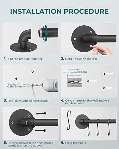 OROPY Wall Mounted Pot Pan Rack 21'' Set of 2, Industrial Utensils Wall Hanger Iron Pipe Kitchen Hanging Rail with 10 S Hooks 6