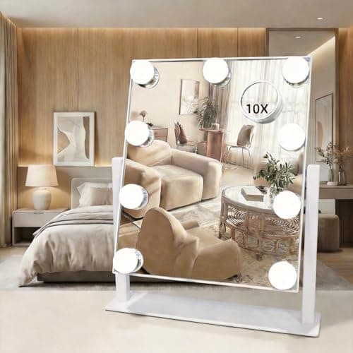SLIMOON Makeup Vanity Mirror with Lights 13.77"x 11.81" LED Makeup Mirror Detachable 10X Magnification, Hollywood Make Up Mirror with Lighting, Smart Touch, Rechargeable,360° Rotation, (White)