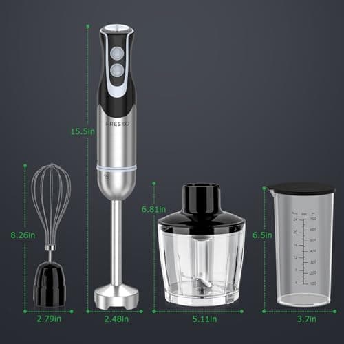 FRESKO Immersion Blender Handheld, 4-in-1 Stainless Steel Hand Electric Stick Mixer with 12-Speeds & Turbo Mode, Powerful 500W Emulsion Blender with Beaker, Chopper & Whisk 9