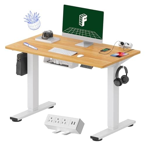 FLEXISPOT EN2 Whole-Piece Standing Desk with Clamp Power Strip, 40 x 24 Electric Stand Up Height Adjustable Desk with Cable Management (White Frame + 40" Maple Top)