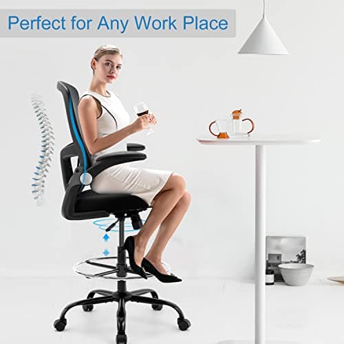 Drafting Chair,Tall Office Chair, Ergonomic Standing Desk Chair with Flip-up Armrests,Mid-Back Counter Height Computer Task Chair with Lumbar Support and Adjustable Footrest Ring,Black 7