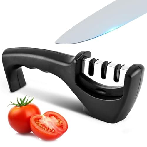 XYJNYO Elite Kitchen Knife Sharpener with 3 Stages, Professional Manual Blade Sharpening System, Ceramic Stone, Tungsten Carbide Plates, Diamond rods, Ergonomic Handle, Non-Slip Base,Stylish Black
