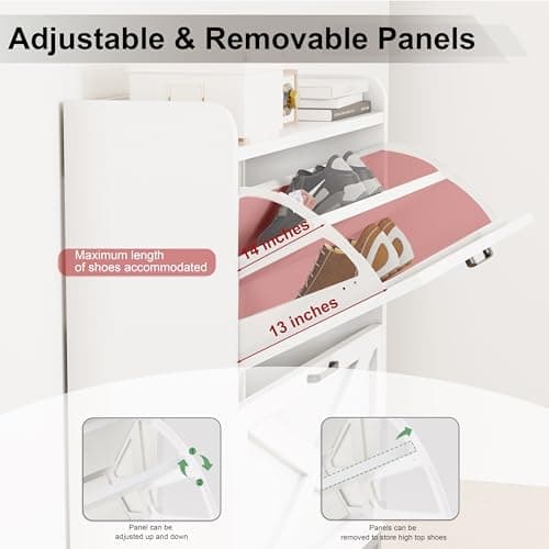 Chilihom Narrow Shoe Cabinet for Entryway, Organizer with 2 Flip Drawers, Slim Storage Cabinet with Metal Legs, Free Standing Corner Rack, White 6