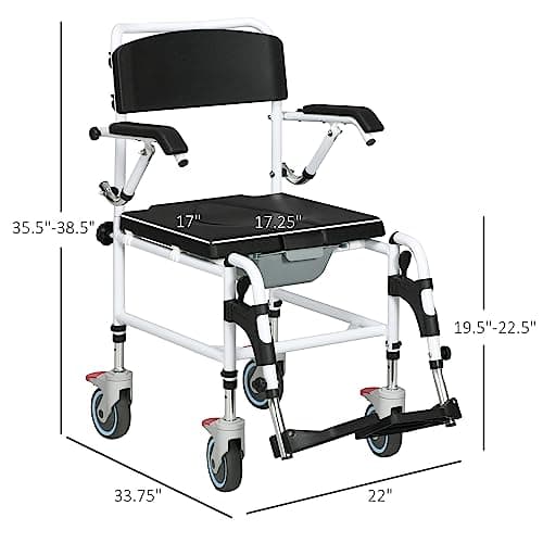 HOMCOM Accessibility Commode Wheelchair, Rolling Shower Wheelchair with 4 Castor Wheels, Rectangle Detachable Bucket, & Waterproof Design, 17" Seat Width, Black 7