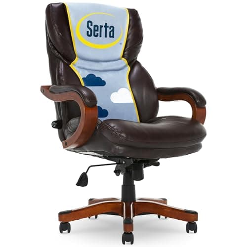 Serta Conway Big & Tall Executive Office Chair, Ergonomic High-Back with Adjustable Lumbar, Semi Plush Cushion and Body Pillows, Padded Armrests, Wooden Swivel Base, Bonded Leather, Brown