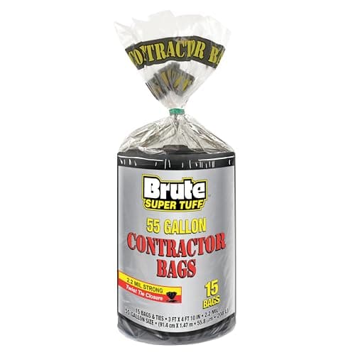 Brute Super Tuff Heavy Duty 2.2 MIL Contractor Bags, Extra Large Trash Bags, Twist Tie Closure, Black, 55 Gallon, 15 Count