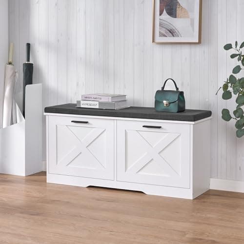Homleke Shoe Storage Bench with 2 Flip Drawers, Entryway Bench with Padded Seat Cushion, Shoe Cabinet with 2 Barn Doors, 11.8" D x 39.4" W x 18.4" H, for Entryway, Living Room, Bedroom, White
