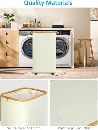 efluky Laundry Basket with Wheels, Tall Rolling Laundry Hamper with Lid and Removable Bag, Aesthetic Dirty Clothes Hamper on Wheels for Laundry Room, Bedroom, Dorm and Bathroom, 100L Beige 7