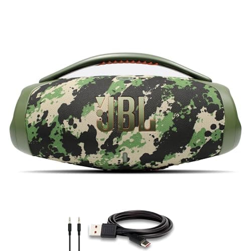 JBL Boombox 3 - Portable Bluetooth Speaker, IPX7 Waterproof, 24 Hours of Playtime (Squad) (JBLBOOMBOX3SQUADAM) + AUX Cable + USB-C Cable + Microfiber Cloth