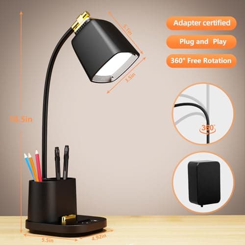 GONDSILY LED Desk Lamp with USB Charging Port Touch Control 3 Color Modes, Stepless Dimming,Eye-Caring LED Table Lamp for Home,Office,Bedroom,Reading,Work,Study,Gooseneck Lamp, 5V, 2.4A 5